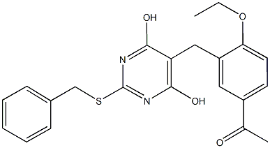 1-(3-{[2-(benzylsulfanyl)-4,6-dihydroxy-5-pyrimidinyl]methyl}-4-ethoxyphenyl)ethanone Struktur