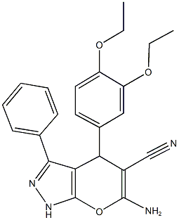 6-amino-4-[3,4-bis(ethyloxy)phenyl]-3-phenyl-1,4-dihydropyrano[2,3-c]pyrazole-5-carbonitrile Struktur