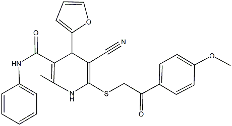 5-cyano-4-(2-furyl)-6-{[2-(4-methoxyphenyl)-2-oxoethyl]sulfanyl}-2-methyl-N-phenyl-1,4-dihydro-3-pyridinecarboxamide Struktur