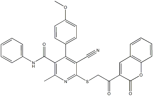 5-cyano-4-(4-methoxyphenyl)-2-methyl-6-{[2-oxo-2-(2-oxo-2H-chromen-3-yl)ethyl]sulfanyl}-N-phenylnicotinamide Struktur