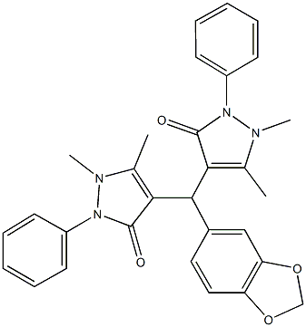 4-[1,3-benzodioxol-5-yl(1,5-dimethyl-3-oxo-2-phenyl-2,3-dihydro-1H-pyrazol-4-yl)methyl]-1,5-dimethyl-2-phenyl-1,2-dihydro-3H-pyrazol-3-one Struktur