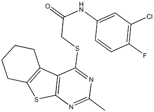 N-(3-chloro-4-fluorophenyl)-2-[(2-methyl-5,6,7,8-tetrahydro[1]benzothieno[2,3-d]pyrimidin-4-yl)sulfanyl]acetamide Struktur