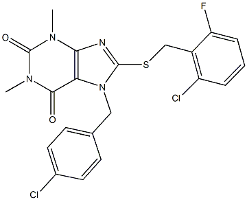 7-(4-chlorobenzyl)-8-[(2-chloro-6-fluorobenzyl)sulfanyl]-1,3-dimethyl-3,7-dihydro-1H-purine-2,6-dione Struktur