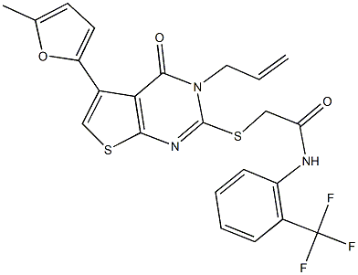 2-{[3-allyl-5-(5-methyl-2-furyl)-4-oxo-3,4-dihydrothieno[2,3-d]pyrimidin-2-yl]sulfanyl}-N-[2-(trifluoromethyl)phenyl]acetamide Struktur