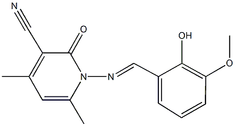 1-[(2-hydroxy-3-methoxybenzylidene)amino]-4,6-dimethyl-2-oxo-1,2-dihydropyridine-3-carbonitrile Struktur