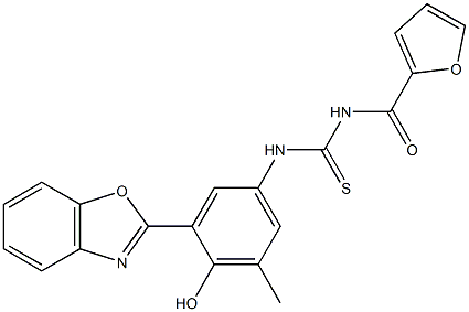 N-[3-(1,3-benzoxazol-2-yl)-4-hydroxy-5-methylphenyl]-N'-(2-furoyl)thiourea Struktur