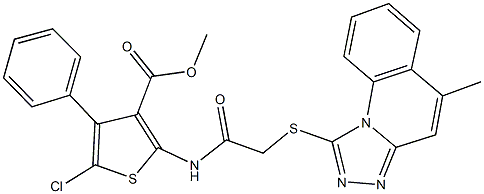 methyl 5-chloro-2-({[(5-methyl[1,2,4]triazolo[4,3-a]quinolin-1-yl)sulfanyl]acetyl}amino)-4-phenyl-3-thiophenecarboxylate Struktur