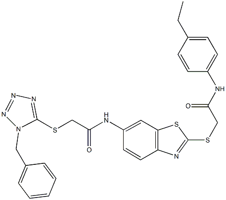 2-[(1-benzyl-1H-tetraazol-5-yl)sulfanyl]-N-(2-{[2-(4-ethylanilino)-2-oxoethyl]sulfanyl}-1,3-benzothiazol-6-yl)acetamide Struktur