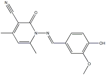 1-[(4-hydroxy-3-methoxybenzylidene)amino]-4,6-dimethyl-2-oxo-1,2-dihydropyridine-3-carbonitrile Struktur