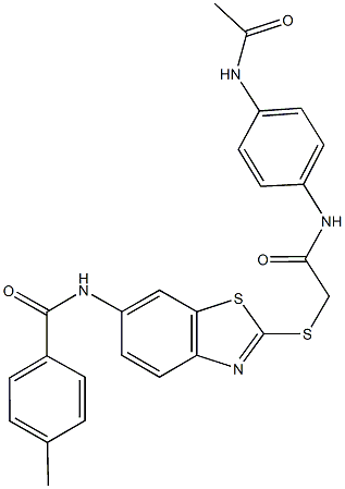 N-[2-({2-[4-(acetylamino)anilino]-2-oxoethyl}sulfanyl)-1,3-benzothiazol-6-yl]-4-methylbenzamide Struktur