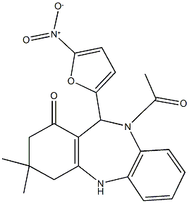 10-acetyl-11-{5-nitro-2-furyl}-3,3-dimethyl-2,3,4,5,10,11-hexahydro-1H-dibenzo[b,e][1,4]diazepin-1-one Struktur