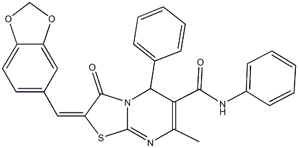 2-(1,3-benzodioxol-5-ylmethylene)-7-methyl-3-oxo-N,5-diphenyl-2,3-dihydro-5H-[1,3]thiazolo[3,2-a]pyrimidine-6-carboxamide Struktur