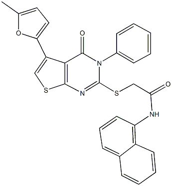 2-{[5-(5-methyl-2-furyl)-4-oxo-3-phenyl-3,4-dihydrothieno[2,3-d]pyrimidin-2-yl]sulfanyl}-N-(1-naphthyl)acetamide Struktur