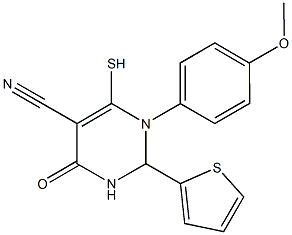 1-(4-methoxyphenyl)-4-oxo-6-sulfanyl-2-(2-thienyl)-1,2,3,4-tetrahydro-5-pyrimidinecarbonitrile Struktur