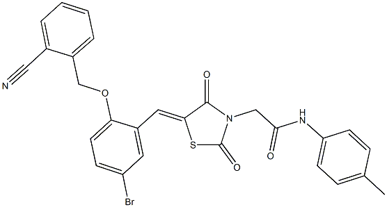 2-(5-{5-bromo-2-[(2-cyanobenzyl)oxy]benzylidene}-2,4-dioxo-1,3-thiazolidin-3-yl)-N-(4-methylphenyl)acetamide Struktur