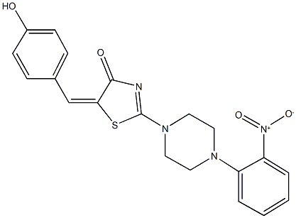 5-(4-hydroxybenzylidene)-2-(4-{2-nitrophenyl}-1-piperazinyl)-1,3-thiazol-4(5H)-one Struktur