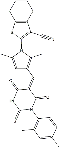 2-(3-{[1-(2,4-dimethylphenyl)-4,6-dioxo-2-thioxotetrahydro-5(2H)-pyrimidinylidene]methyl}-2,5-dimethyl-1H-pyrrol-1-yl)-4,5,6,7-tetrahydro-1-benzothiophene-3-carbonitrile Struktur