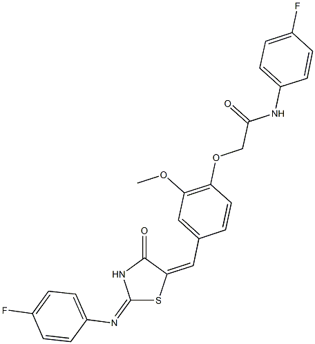 N-(4-fluorophenyl)-2-[4-({2-[(4-fluorophenyl)imino]-4-oxo-1,3-thiazolidin-5-ylidene}methyl)-2-methoxyphenoxy]acetamide Struktur