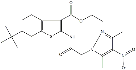 ethyl 6-tert-butyl-2-[({4-nitro-3,5-dimethyl-1H-pyrazol-1-yl}acetyl)amino]-4,5,6,7-tetrahydro-1-benzothiophene-3-carboxylate Struktur