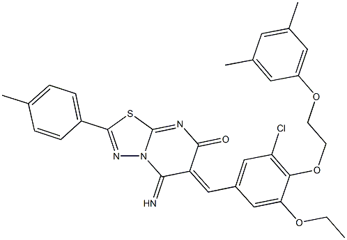 6-{3-chloro-4-[2-(3,5-dimethylphenoxy)ethoxy]-5-ethoxybenzylidene}-5-imino-2-(4-methylphenyl)-5,6-dihydro-7H-[1,3,4]thiadiazolo[3,2-a]pyrimidin-7-one Struktur