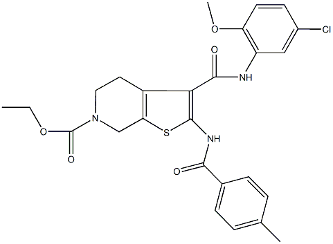 ethyl3-[(5-chloro-2-methoxyanilino)carbonyl]-2-[(4-methylbenzoyl)amino]-4,7-dihydrothieno[2,3-c]pyridine-6(5H)-carboxylate Struktur