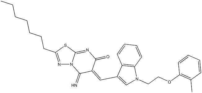 2-heptyl-5-imino-6-({1-[2-(2-methylphenoxy)ethyl]-1H-indol-3-yl}methylene)-5,6-dihydro-7H-[1,3,4]thiadiazolo[3,2-a]pyrimidin-7-one Struktur