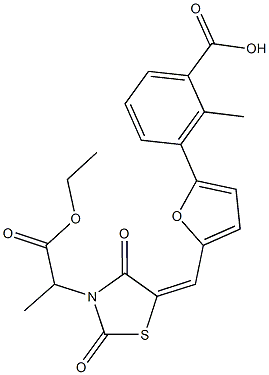 3-(5-{[3-(2-ethoxy-1-methyl-2-oxoethyl)-2,4-dioxo-1,3-thiazolidin-5-ylidene]methyl}-2-furyl)-2-methylbenzoic acid Struktur