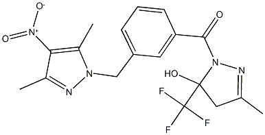 1-[3-({4-nitro-3,5-dimethyl-1H-pyrazol-1-yl}methyl)benzoyl]-3-methyl-5-(trifluoromethyl)-4,5-dihydro-1H-pyrazol-5-ol Struktur