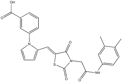 3-[2-({3-[2-(3,4-dimethylanilino)-2-oxoethyl]-2,4-dioxo-1,3-thiazolidin-5-ylidene}methyl)-1H-pyrrol-1-yl]benzoic acid Struktur