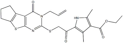 ethyl 5-{[(3-allyl-4-oxo-3,5,6,7-tetrahydro-4H-cyclopenta[4,5]thieno[2,3-d]pyrimidin-2-yl)sulfanyl]acetyl}-2,4-dimethyl-1H-pyrrole-3-carboxylate Struktur