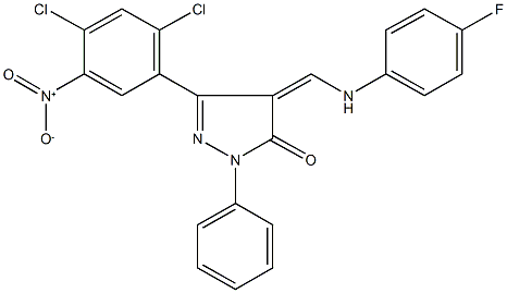 5-{2,4-dichloro-5-nitrophenyl}-4-[(4-fluoroanilino)methylene]-2-phenyl-2,4-dihydro-3H-pyrazol-3-one Struktur