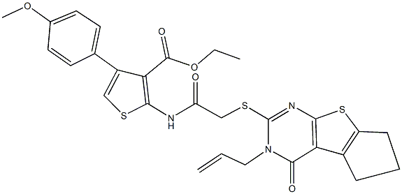 ethyl 2-({[(3-allyl-4-oxo-3,5,6,7-tetrahydro-4H-cyclopenta[4,5]thieno[2,3-d]pyrimidin-2-yl)sulfanyl]acetyl}amino)-4-(4-methoxyphenyl)-3-thiophenecarboxylate Struktur