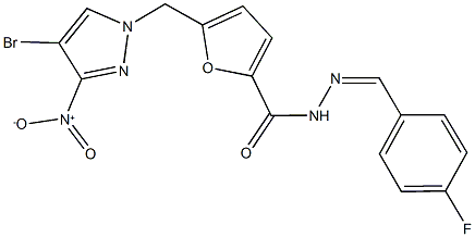 5-({4-bromo-3-nitro-1H-pyrazol-1-yl}methyl)-N'-(4-fluorobenzylidene)-2-furohydrazide Struktur