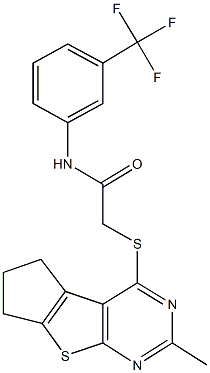 2-[(2-methyl-6,7-dihydro-5H-cyclopenta[4,5]thieno[2,3-d]pyrimidin-4-yl)sulfanyl]-N-[3-(trifluoromethyl)phenyl]acetamide Struktur