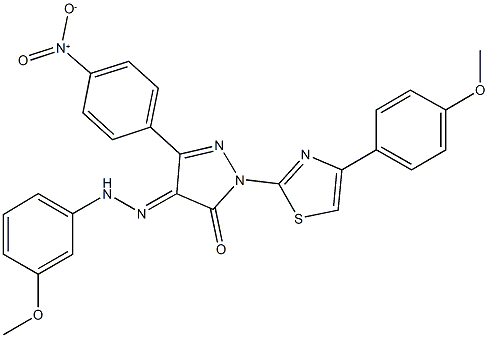 3-{4-nitrophenyl}-1-[4-(4-methoxyphenyl)-1,3-thiazol-2-yl]-1H-pyrazole-4,5-dione 4-[(3-methoxyphenyl)hydrazone] Struktur