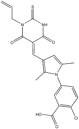 5-{3-[(1-allyl-4,6-dioxo-2-thioxotetrahydro-5(2H)-pyrimidinylidene)methyl]-2,5-dimethyl-1H-pyrrol-1-yl}-2-chlorobenzoic acid Struktur