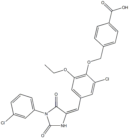 4-[(2-chloro-4-{[1-(3-chlorophenyl)-2,5-dioxo-4-imidazolidinylidene]methyl}-6-ethoxyphenoxy)methyl]benzoic acid Struktur