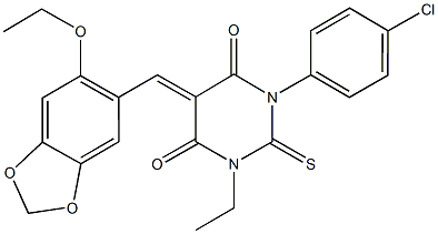 1-(4-chlorophenyl)-5-[(6-ethoxy-1,3-benzodioxol-5-yl)methylene]-3-ethyl-2-thioxodihydropyrimidine-4,6(1H,5H)-dione Struktur