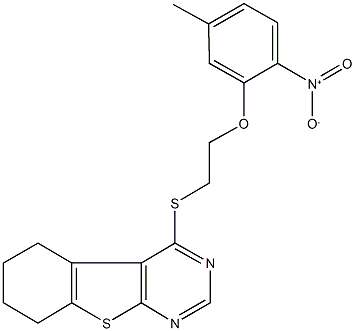 4-[(2-{2-nitro-5-methylphenoxy}ethyl)sulfanyl]-5,6,7,8-tetrahydro[1]benzothieno[2,3-d]pyrimidine Struktur