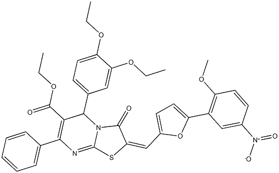 ethyl 5-(3,4-diethoxyphenyl)-2-[(5-{5-nitro-2-methoxyphenyl}-2-furyl)methylene]-3-oxo-7-phenyl-2,3-dihydro-5H-[1,3]thiazolo[3,2-a]pyrimidine-6-carboxylate Struktur