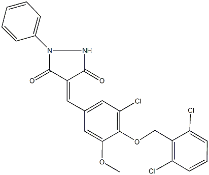 4-{3-chloro-4-[(2,6-dichlorobenzyl)oxy]-5-methoxybenzylidene}-1-phenyl-3,5-pyrazolidinedione Struktur