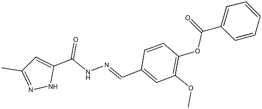 2-methoxy-4-{2-[(3-methyl-1H-pyrazol-5-yl)carbonyl]carbohydrazonoyl}phenyl benzoate Struktur