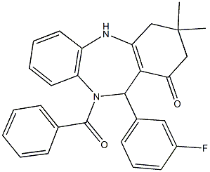 10-benzoyl-11-(3-fluorophenyl)-3,3-dimethyl-2,3,4,5,10,11-hexahydro-1H-dibenzo[b,e][1,4]diazepin-1-one Struktur