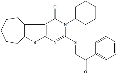 3-cyclohexyl-2-[(2-oxo-2-phenylethyl)sulfanyl]-3,5,6,7,8,9-hexahydro-4H-cyclohepta[4,5]thieno[2,3-d]pyrimidin-4-one Struktur