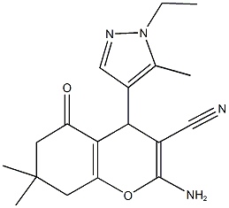 2-amino-4-(1-ethyl-5-methyl-1H-pyrazol-4-yl)-7,7-dimethyl-5-oxo-5,6,7,8-tetrahydro-4H-chromene-3-carbonitrile Struktur