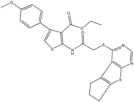 ethyl 2-{[(6,7-dihydro-5H-cyclopenta[4,5]thieno[2,3-d]pyrimidin-4-ylsulfanyl)acetyl]amino}-4-(4-methoxyphenyl)-3-thiophenecarboxylate Struktur