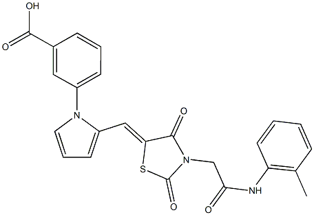 3-[2-({2,4-dioxo-3-[2-oxo-2-(2-toluidino)ethyl]-1,3-thiazolidin-5-ylidene}methyl)-1H-pyrrol-1-yl]benzoic acid Struktur