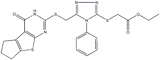 ethyl [(5-{[(4-oxo-3,5,6,7-tetrahydro-4H-cyclopenta[4,5]thieno[2,3-d]pyrimidin-2-yl)sulfanyl]methyl}-4-phenyl-4H-1,2,4-triazol-3-yl)sulfanyl]acetate Struktur