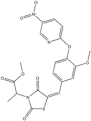 methyl 2-{5-[4-({5-nitro-2-pyridinyl}oxy)-3-methoxybenzylidene]-2,4-dioxo-1,3-thiazolidin-3-yl}propanoate Struktur