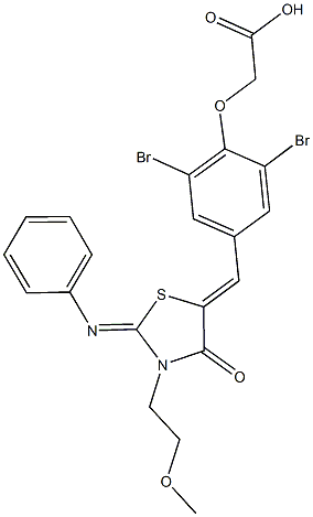 (2,6-dibromo-4-{[3-(2-methoxyethyl)-4-oxo-2-(phenylimino)-1,3-thiazolidin-5-ylidene]methyl}phenoxy)acetic acid Struktur